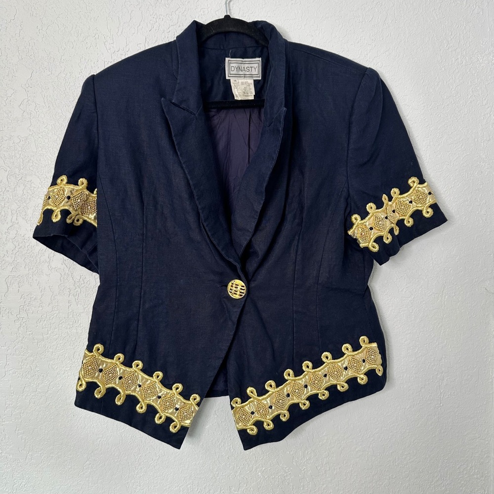 Vintage Dynasty Navy Gold Beaded Linen Blazer 80s Glam Power Jacket‎